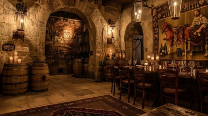 Obraz premium Gothic castle-inspired wine tasting room with stone walls, medieval tapestries, and candlelit ambiance.