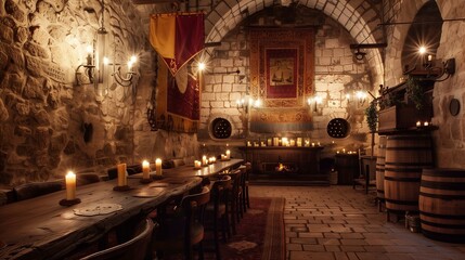 Obraz premium Gothic castle-inspired wine tasting room with stone walls, medieval tapestries, and candlelit ambiance.
