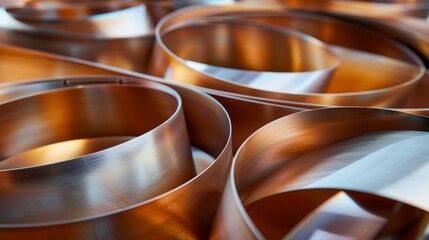 Close-up view of overlapping metallic copper coils with a focus on texture and reflective surfaces.