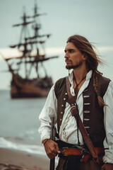 handsome atractive man with long hair, dressed in pirate attire and holding an old-fashioned musket stands on the beach by the sea,pirate ship blured on the background,  filibuster, corsair, adventure