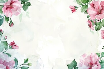 Floral design with a pink rose in a spring-like watercolor border