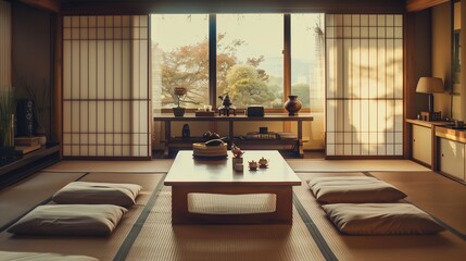 Japanese-inspired interiors with tatami mats, shoji screens, and minimalist furniture.