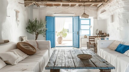 Greek island-inspired decor with whitewashed walls, blue accents, and rustic wood.