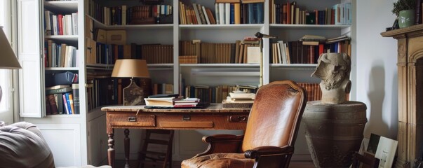 Elegant home library with vintage desk, books, and classical art details