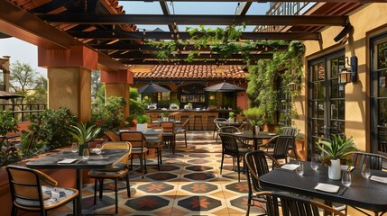 Fototapeta premium Mediterranean-inspired rooftop restaurant with terra cotta tile flooring, vine-covered pergolas, and Mediterranean cuisine.