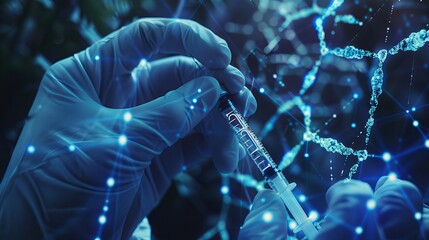 Doctor with syringe: futuristic digital healthcare network interface with dna data