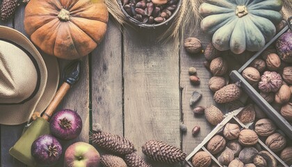 Muted-colored vintage autumn background with a frame of harvest: multicolored and multipatterned pumpkins, nuts, corn, wheat, mushrooms, spices, and a space for text