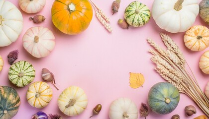 Bright pastel autumn background with a frame of harvest: multicolored and multipatterned pumpkins, nuts, corn, wheat, and spices, and a space for text
