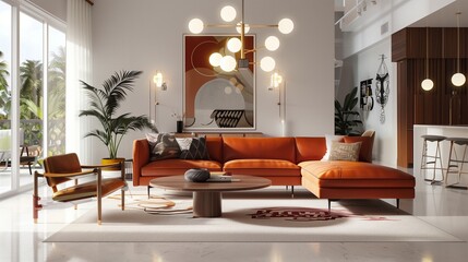 Mid-century modern design with sleek furniture, retro accents, and statement lighting.