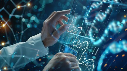 Medicine doctor interacts with electronic medical record on tablet, dna analysis. Digital healthcare, network connection on holographic interface. Modern medical technology, futuristic concept.