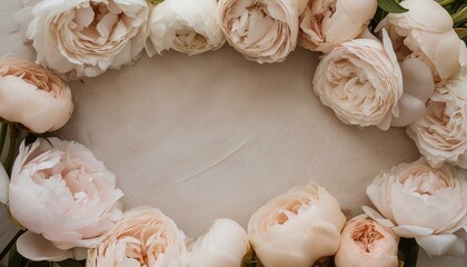 Muted-colored vintage  background with a frame of light pink and white peonies