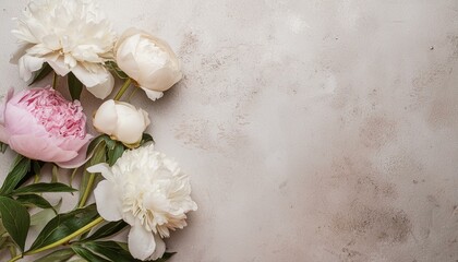 Muted-colored vintage  background with a frame of light pink and white peonies