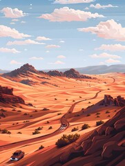 Pixel Art Caravan Crossing Vast Desert Landscape with Shimmering Oasis and Undulating Dunes on the Horizon