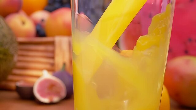 Delicious multifruit juice swirls into a wave in a glass against the background of fruit.