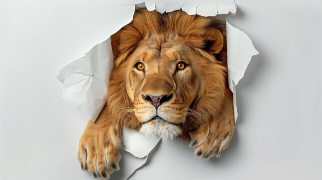 A detailed image of a lion's head breaking through a torn white paper background.