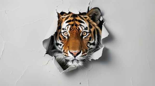 A striking image of a tiger's face peering through a torn white background.