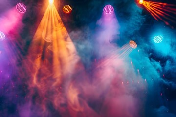 Concert stage with colorful spotlights smoke and theatrical lighting effects. Concept Concert Stage Lighting, Colorful Spotlights, Theatrical Effects, Smoke Machine, Stage Design