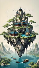Chinese ink painting - illustration of a floating island with a Chinese temple