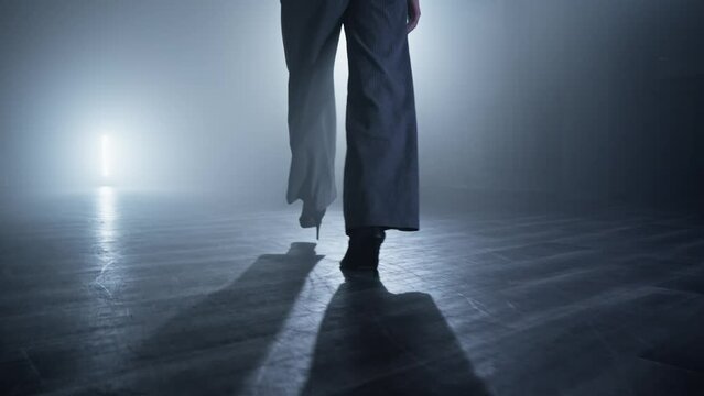 Dancer legs walking through dark studio. Elegant female heels dancer at smoky stage with spotlights. Slender female legs. Close-up of woman legs entering stage. Tracking shot in 4K, UHD