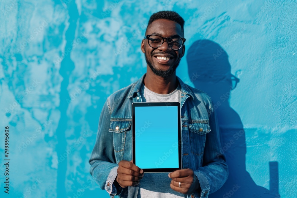 Wall mural digital mockup afro-american man in his 30s holding a tablet with an entirely blue screen