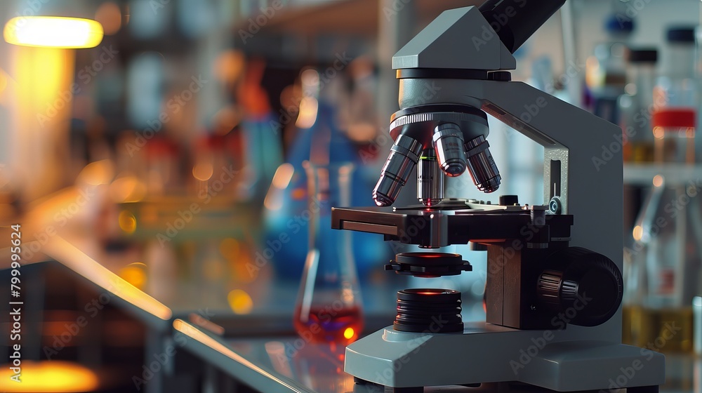 Poster scientist conducting research with microscope and lab glassware - science laboratory r&d concept