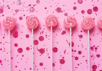 Creative pastel pink background adorned with lollipops, glitter; epitomizes fun, happy party vibes. Minimal flat lay candy concept