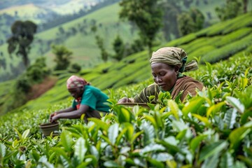 Sri Lankan woman and child harvesting tea leaves. Tea Plantation