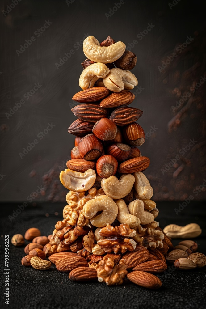 Wall mural A stack of various nuts in a pyramid shape on a dark background with a dramatic effect - Wall murals