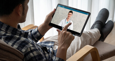 Doctor video call online by modish telemedicine software application for virtual meeting with...