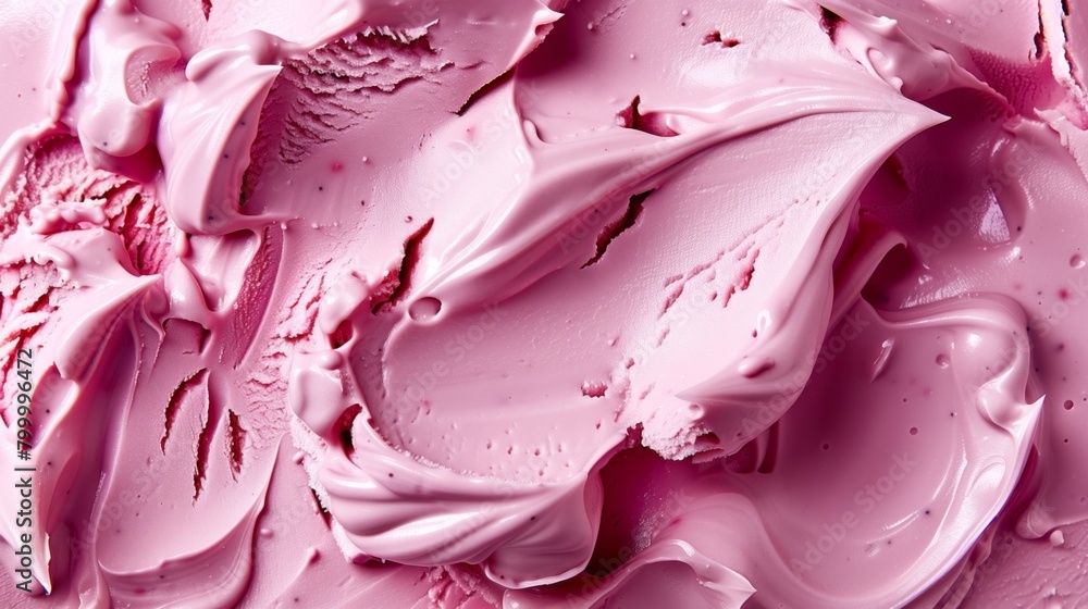 Poster close-up view of creamy pink strawberry ice cream texture with swirls