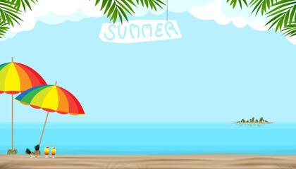 Summer background,Tropical sand beach background with sea waves,Hat,Sunglasses,flip flops,Pineapple,Beach Umbrella,Holiday banner.Background for Travel vacation,copy space for text