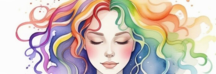 Portrait of a young beautiful girl with long flowing curly hair painted in rainbow colors in a watercolor style