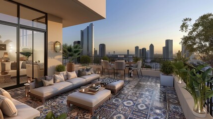 Moroccan-inspired rooftop lounge with mosaic tile flooring, cushioned seating areas, and panoramic...