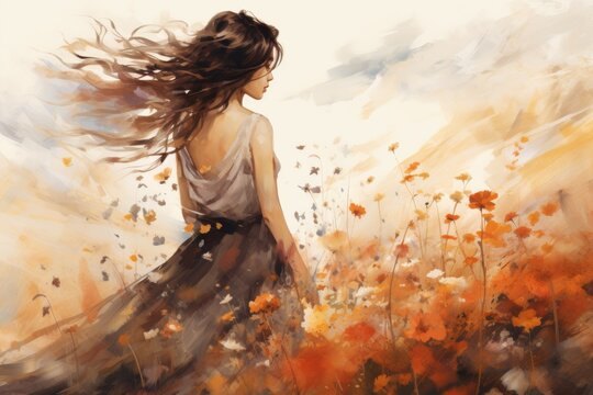 A beautiful girl with long brown hair flowing in the wind stands in a field of orange flowers.