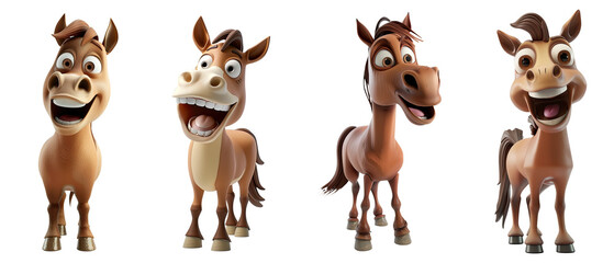 Set of 3D cute happy cartoon horse, isolated on white background, png