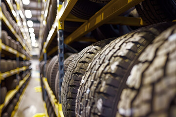 An extensive array of newly manufactured tires, displayed in multiple rows