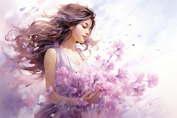A beautiful watercolor painting of a young woman holding a bouquet of pink flowers. She is standing in a field of flowers and the sun is shining on her face.