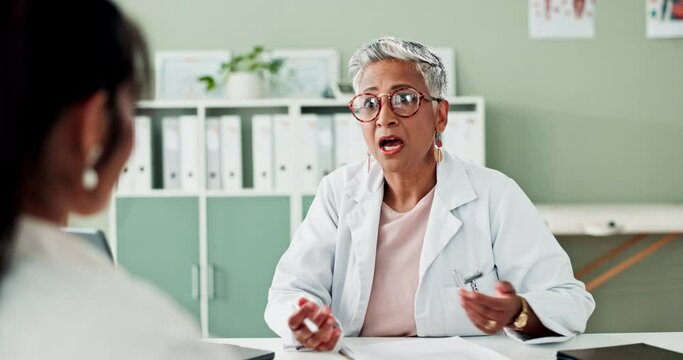 Doctor, office and discuss results with woman, wellness clinic or hospital or medical worker and patient. Discussion, conversation or healthcare or diagnosis clipboard, consultation with professional