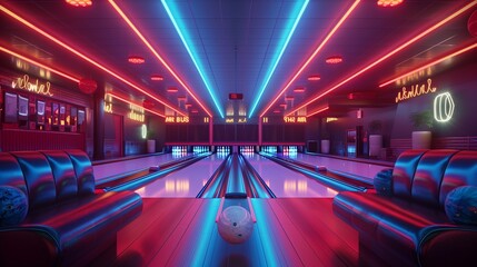 Retro bowling alley room with vintage bowling lanes, neon lights, and retro seating. - obrazy, fototapety, plakaty