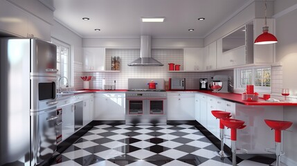Retro diner-inspired kitchen with chrome appliances, vinyl flooring, and red accents.