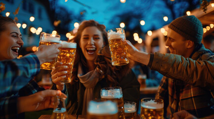 A group of friends celebrating at an outdoor beer festival, toasting with large glasses and pints of fresh keg foamy lager beer on the table in front of them.