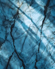 Abstract Blue Marble Texture With Black Cracks Background, Overhead View, Sunlight, Shadows