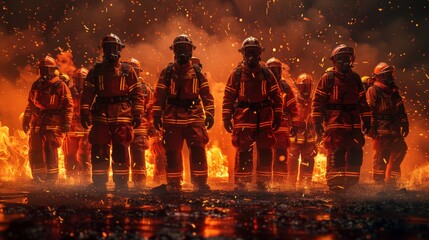 A group of firefighters in full gear are seen heroically advancing towards a raging fire, surrounded by a shower of sparks