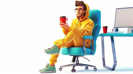 Green sneakers sits cross-legged on an office chair at blue computer desk holds red cup of coffee in hand enjoys. Young successful programmer cartoon guy in yellow hoodie, 3d render isolated