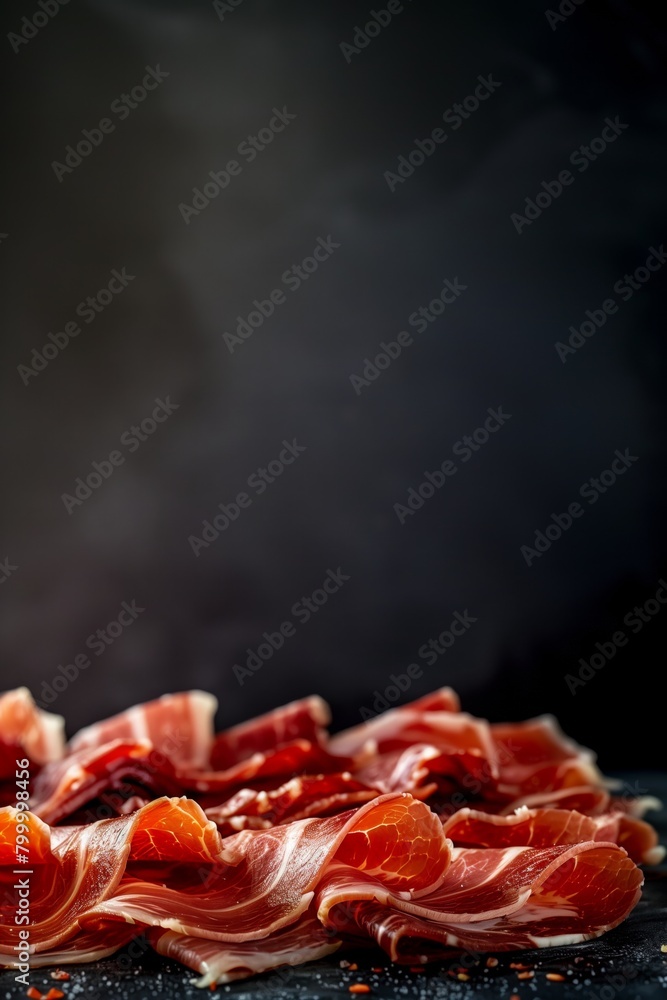 Poster thinly sliced cured ham presented elegantly on a dark background.