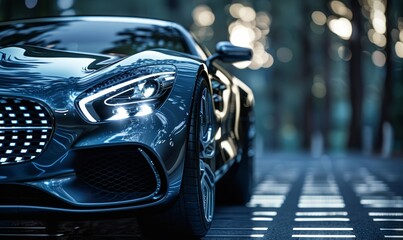 Luxury expensive car parked on dark background. Sport and modern luxury design gray car. Shiny clean lines and detailed front view of modern automotive. Automotive advertising, Generative AI