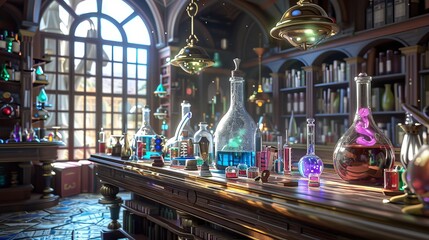 Enchanting 3d rendering of potion bottle in laboratory room with mystical ambiance - magical alchemy concept for design projects