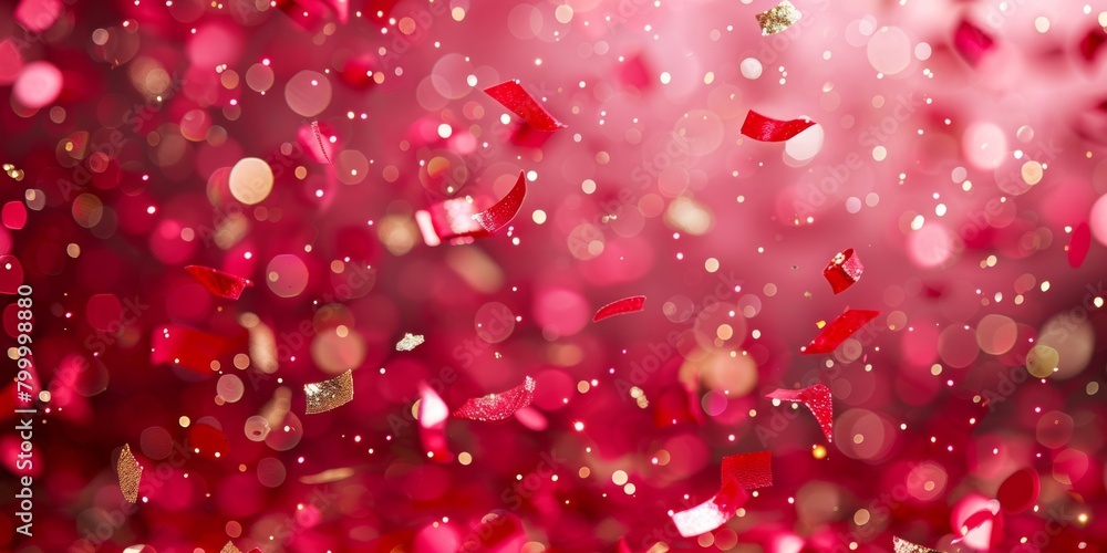 Aufkleber close-up of shiny red confetti particles floating in a festive atmosphere.