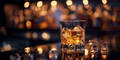 A glass of whiskey with ice on a bar counter against a blurred background of lights.