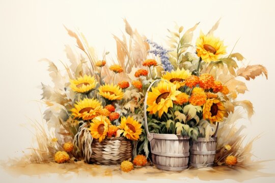 A watercolor painting of sunflowers and marigolds in a basket with wheat stalks in the background.